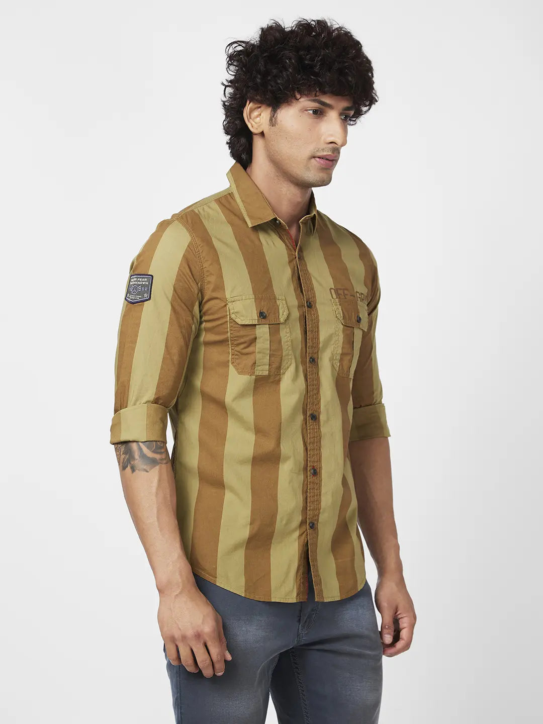 Spykar Men Khaki Cotton Regular Slim Fit Full Sleeve Casual Striped Shirt