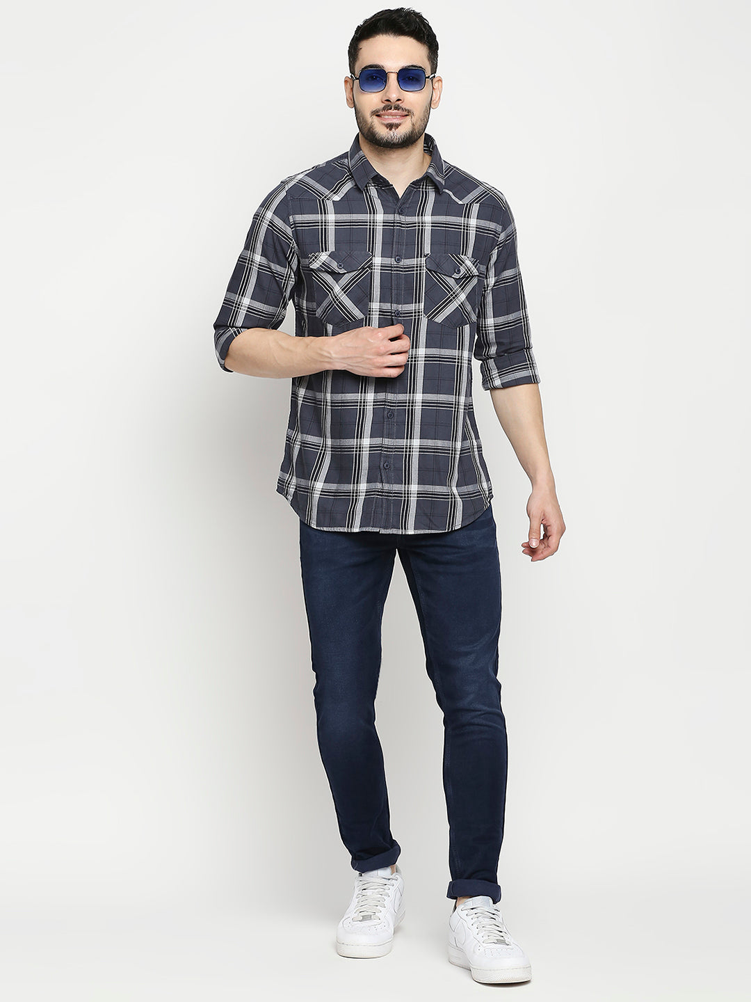 Spykar Men Grey Cotton Slim Fit Full Sleeve Checkered Shirt