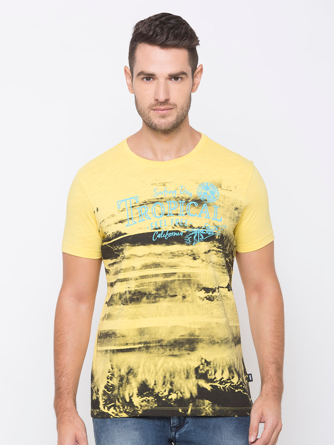 Spykar Men Yellow Cotton Slim Fit Round Neck T-Shirt