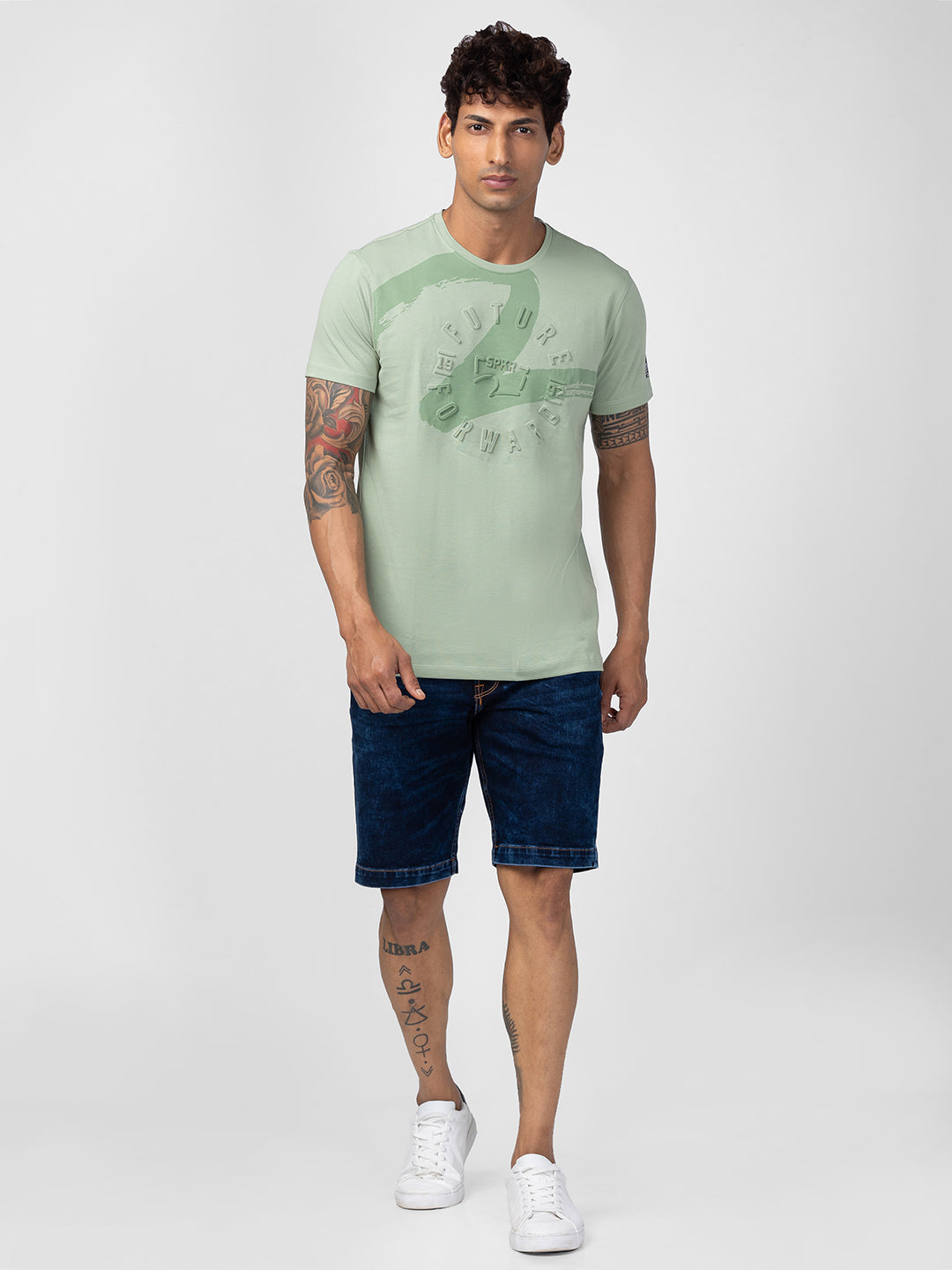 Spykar Men Dusty Green Cotton Regular Fit Half Sleeve Printed T-Shirt