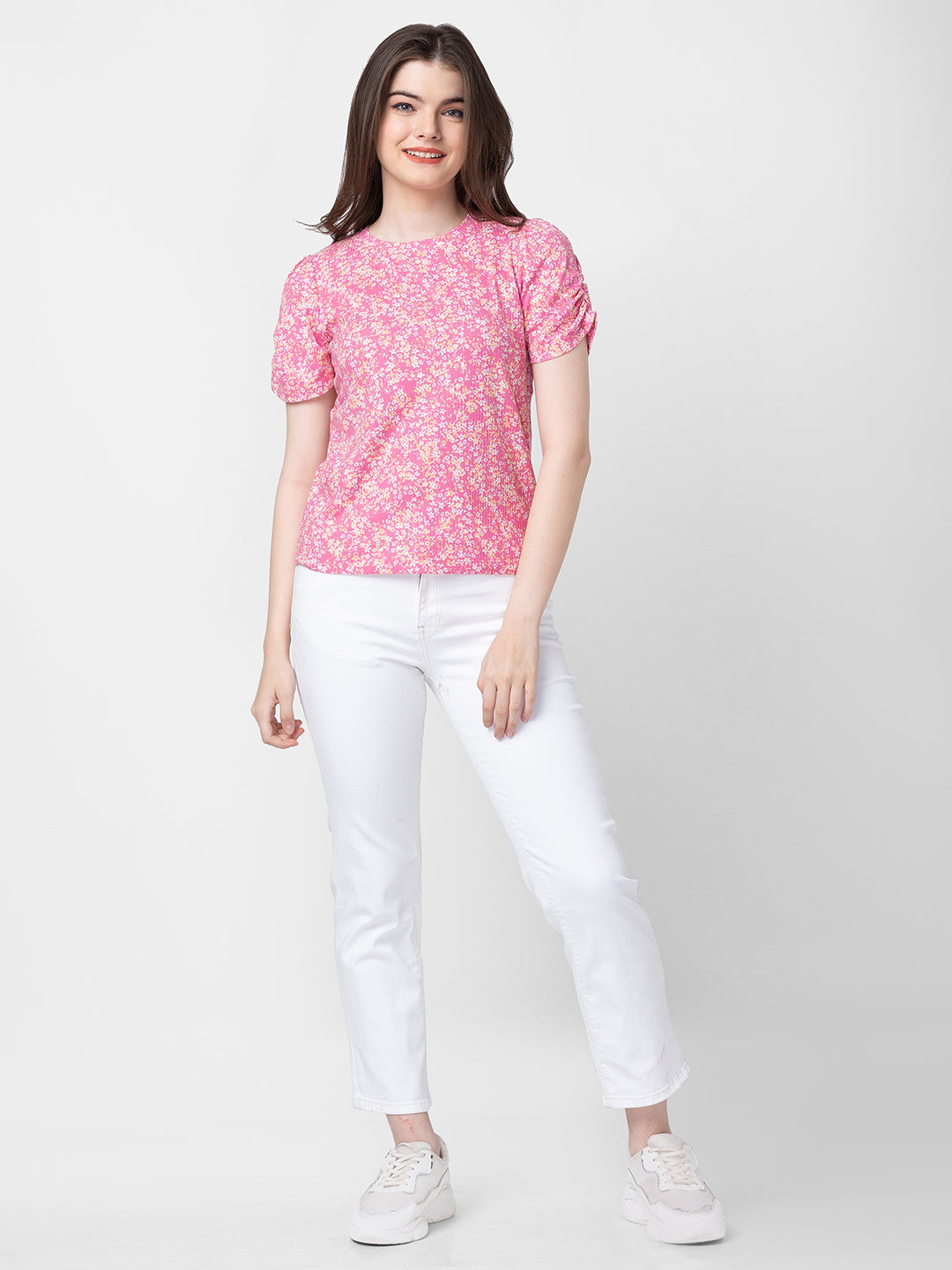 Spykar Women Fuschia Pink Cotton Slim Fit Floral T-Shirts