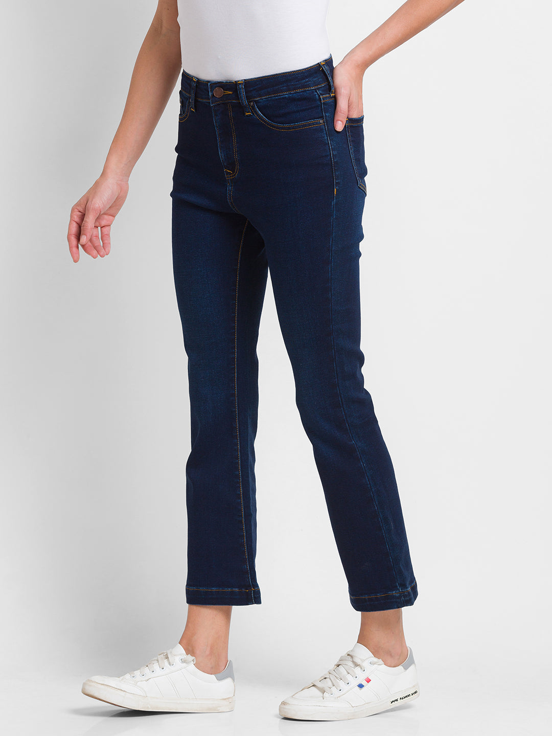 Spykar Dark Blue Lycra Flare Fit Ankle Length Jeans For Women (Elissa)