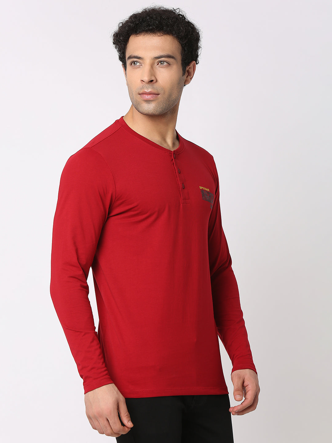 Spykar Men Deep Red Cotton Slim Fit Henley Neck Plain T-Shirt