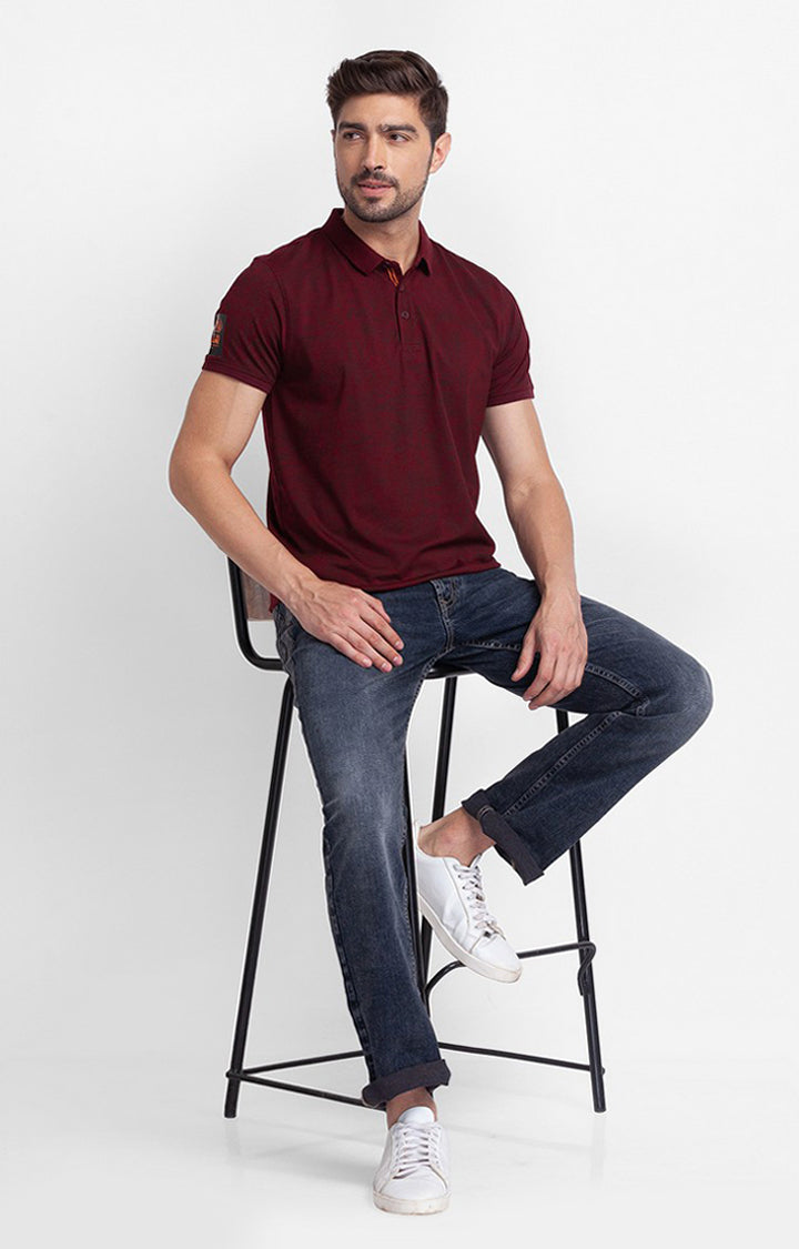 Spykar Wine Cotton Half Sleeve Printed Casual Polo T-Shirt For Men