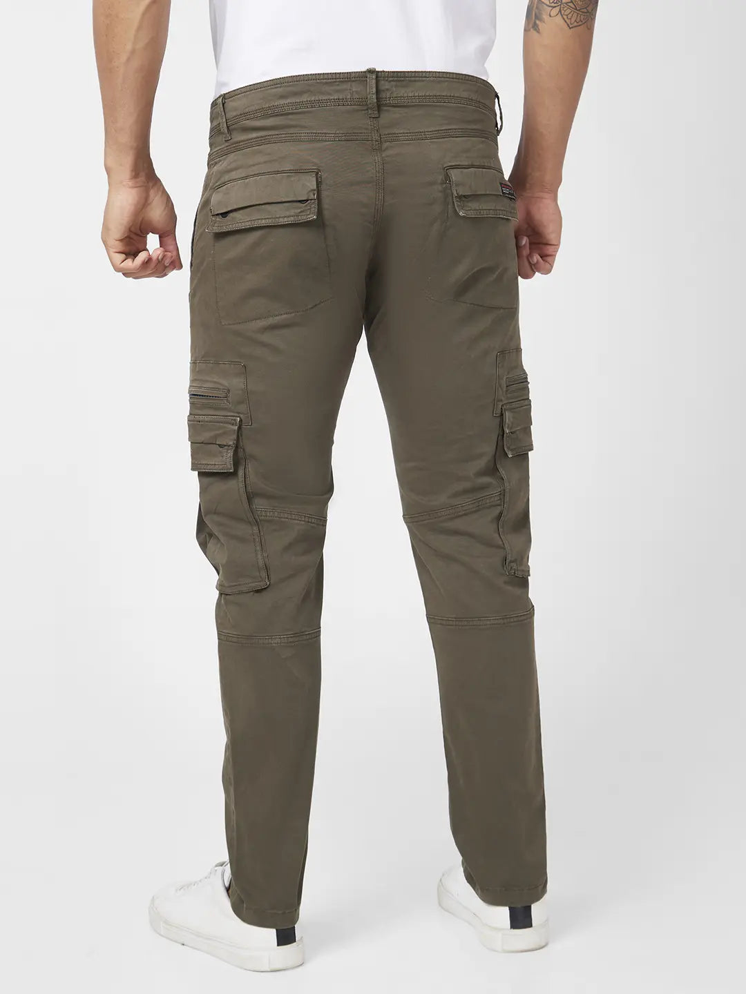 Spykar Men Military Green Cotton Tapered Fit Ankle Length Mid Rise Cargo Pant