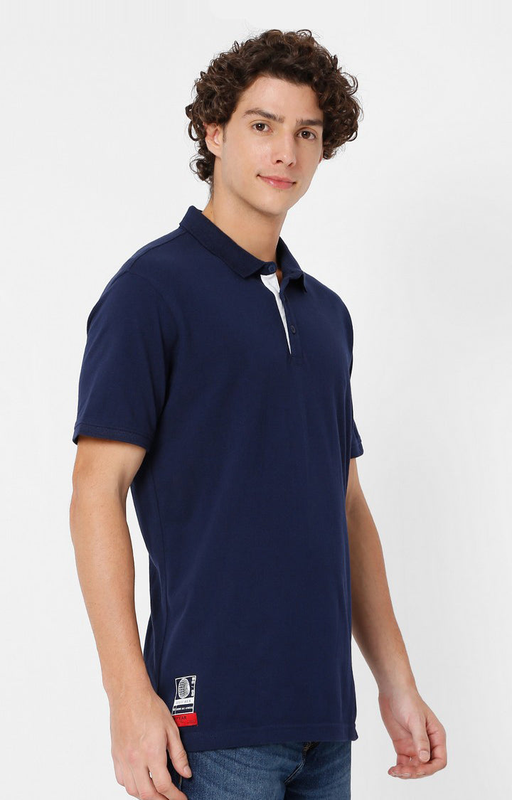 Spykar Men Blue Cotton Slim Fit Plain Polo T-Shirt