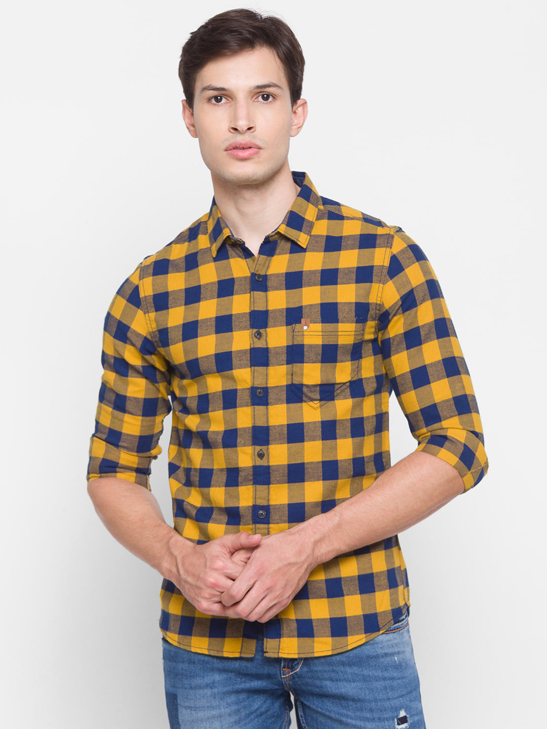 Spykar Slim Fit Yellow Cotton Men Shirt