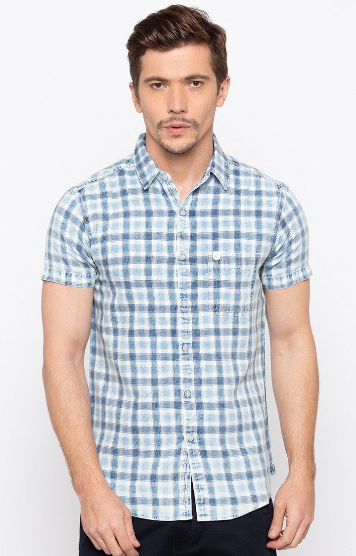 Spykar Men'S Blue Cotton Checked Casual Shirts