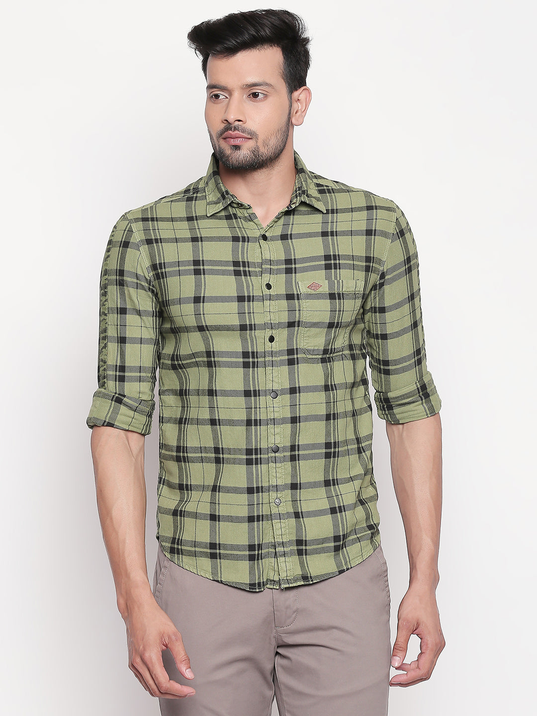 Spykar Men Olive Checked Slim Fit Casual Shirt