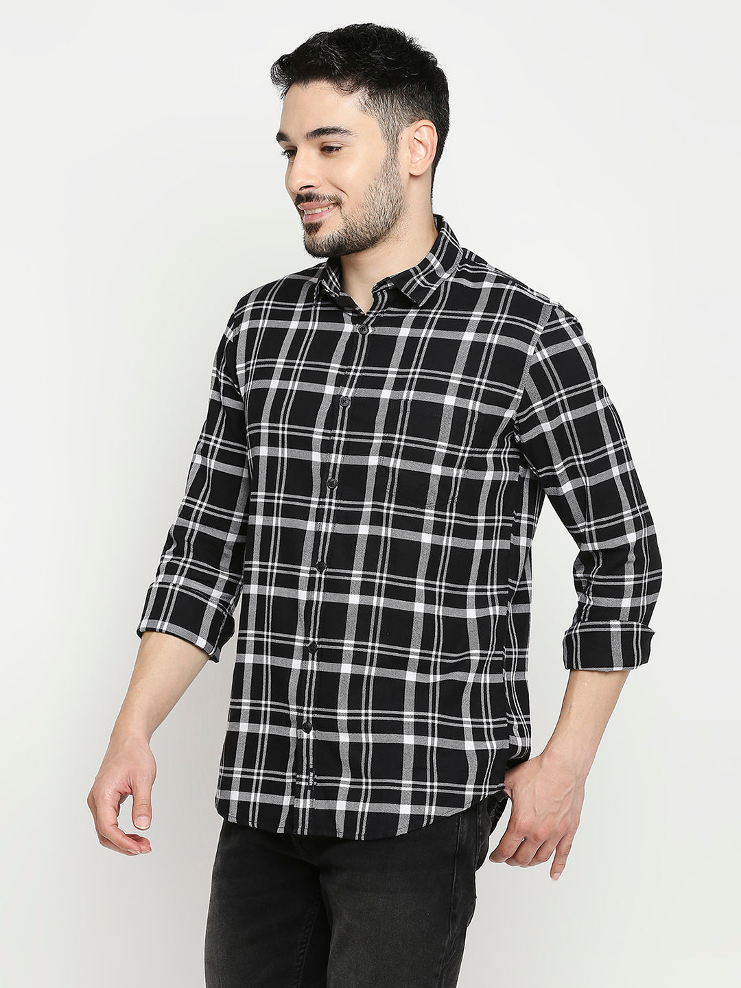 Spykar Black Cotton Full Sleeve Checkered Shirt For Men