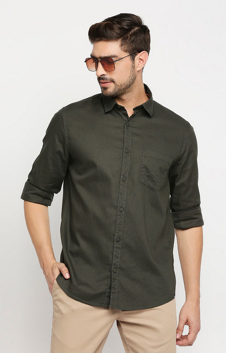 Spykar Men Green Cotton Regular Fit Full Sleeve Casual Shirt