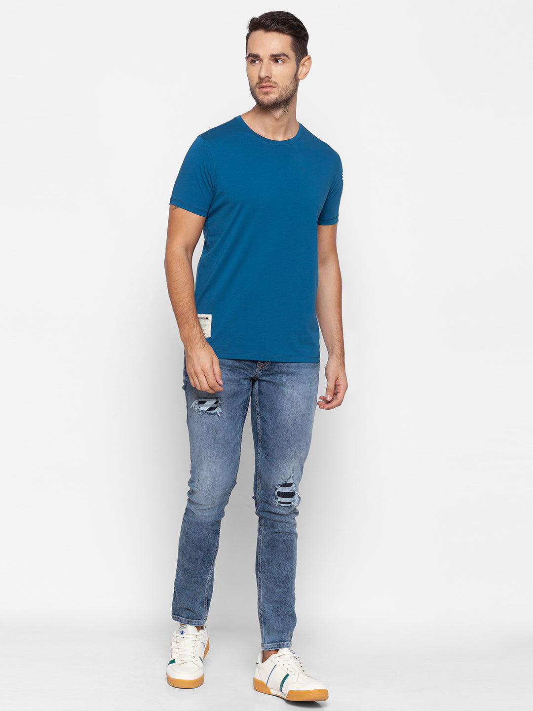 Spykar Men Blue Cotton Slim Fit Round Neck T-Shirt