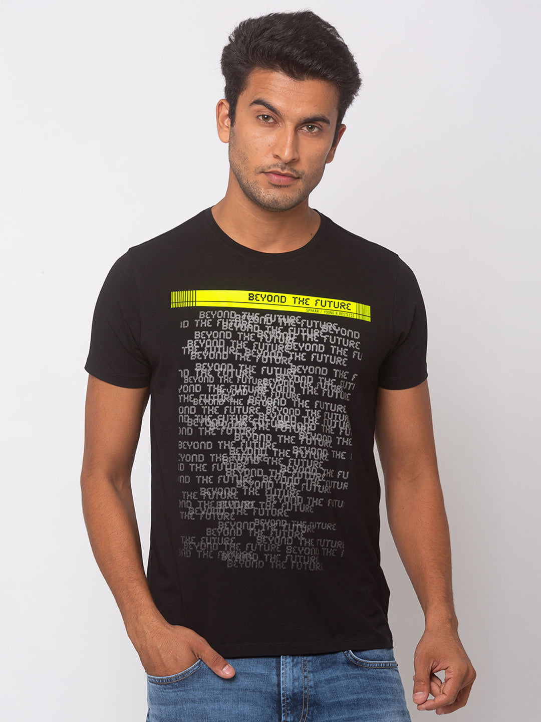 Spykar Men Black Cotton Slim Fit Round Neck T-Shirt