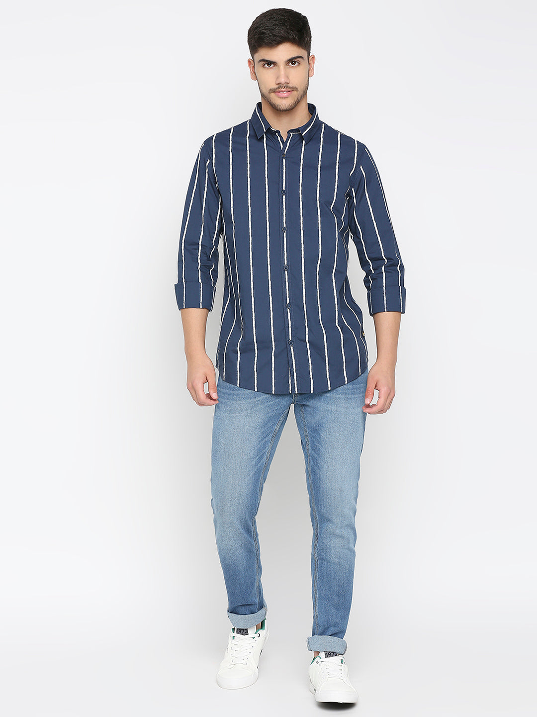 Spykar Navy Blue Cotton Full Sleeve Stripes Shirt For Men