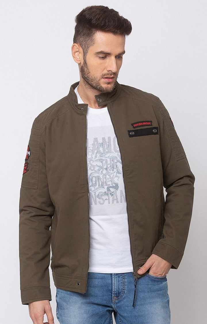 Spykar Men Olive Cotton Straight Fit Jacket