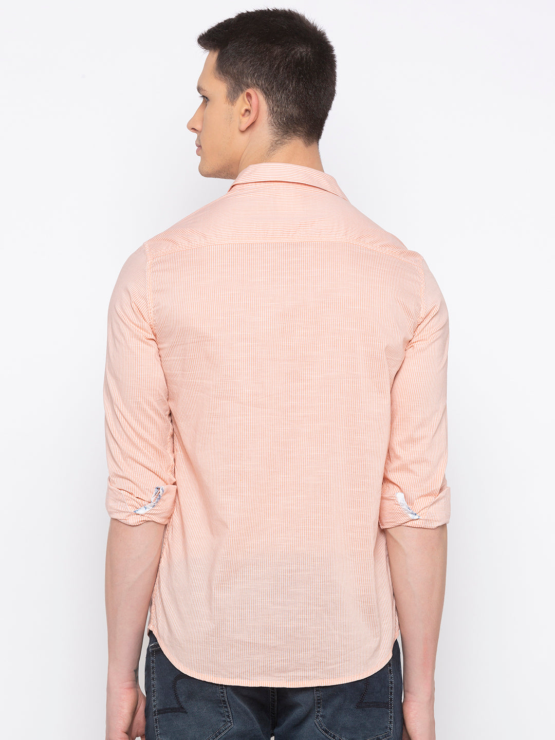 Spykar Men Peach Striped Slim Fit Casual Shirt