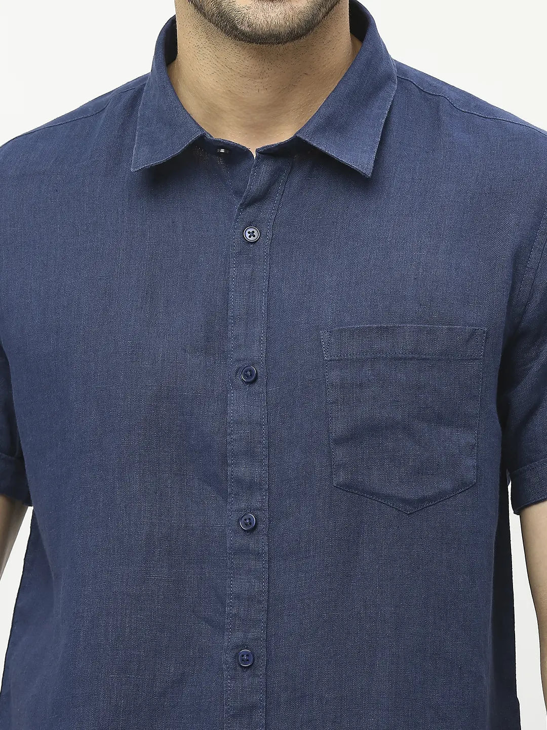 Spykar Men Navy Blue Linen Regular Fit Half Sleeve Plain Shirts