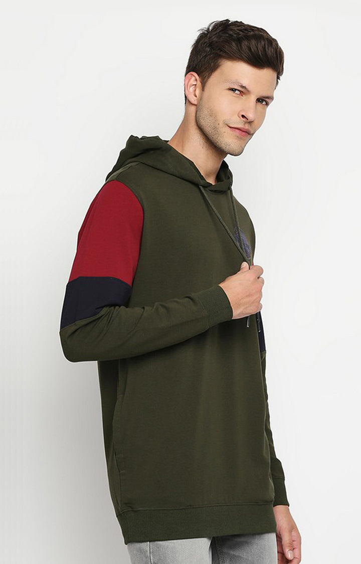 Spykar Men Green Blend Regular Fit Full Sleeve Hooded Sweatshirt