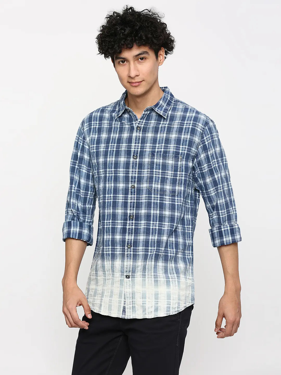 Spykar Men Indigo Cotton Slim Fit Checkered Shirt