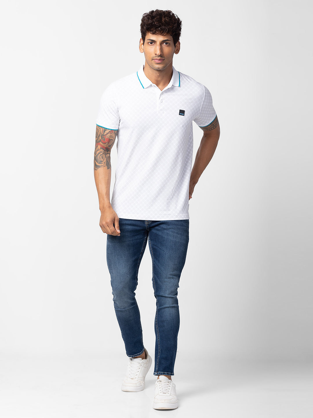 Spykar Men White Cotton Regular Fit Half Sleeve Printed Polo T-Shirt