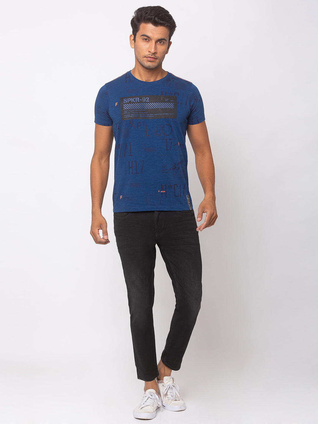 Spykar Ink Blue Cotton Men T-Shirts