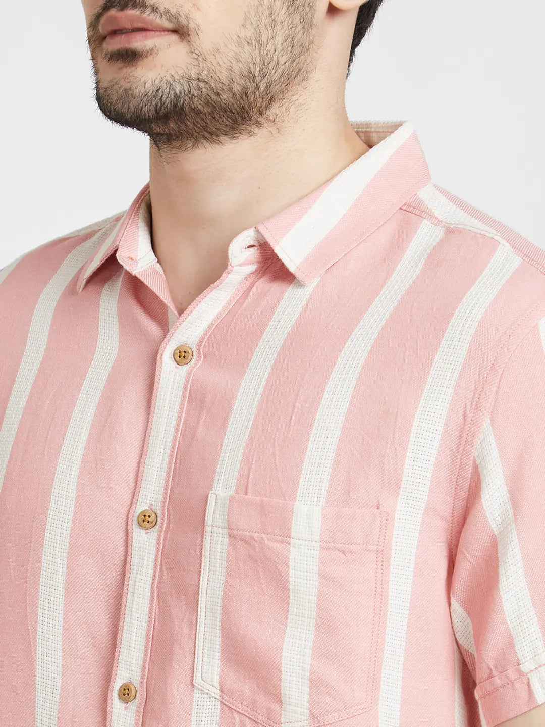 Spykar Men Dusty Pink Cotton Slim Fit Half Sleeve Striped Shirt