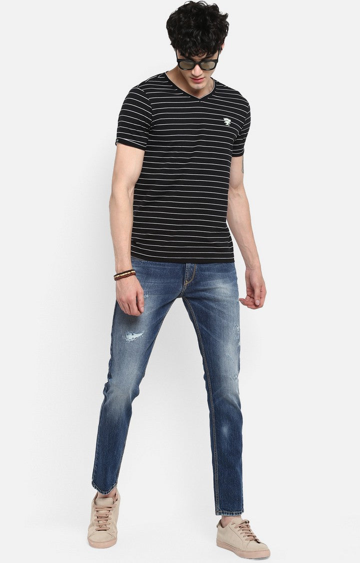 Spykar Black & White Striped Slim Fit Men T-Shirts