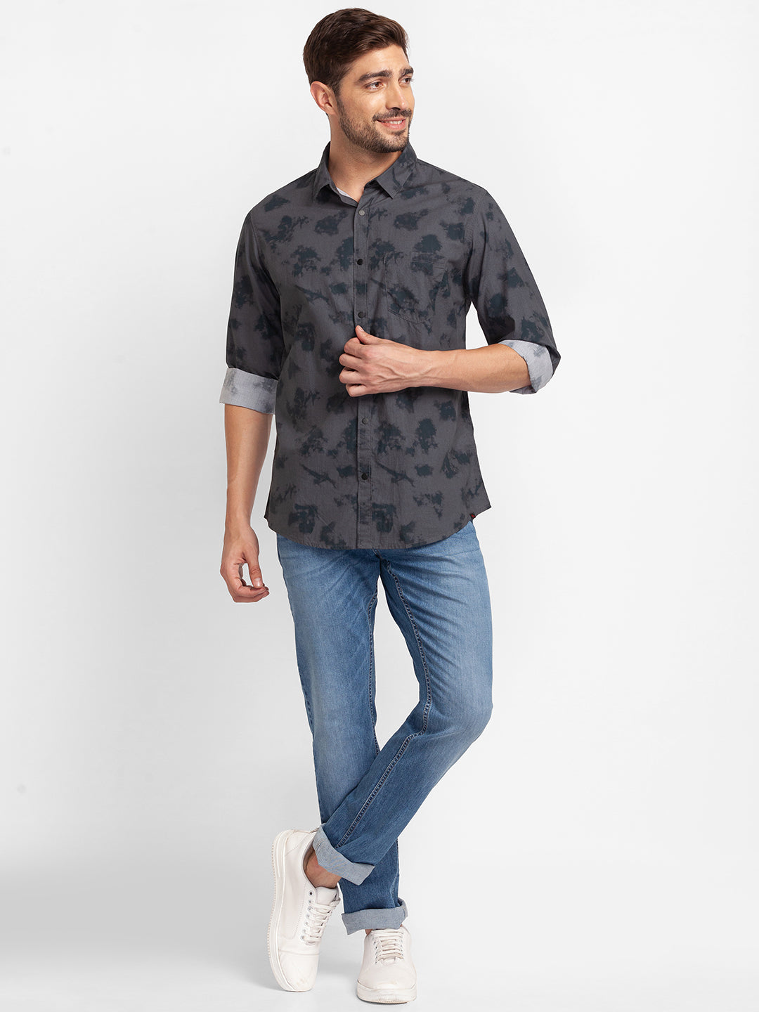 Spykar Charcoal Grey Cotton Full Sleeve Printed Shirt For Men