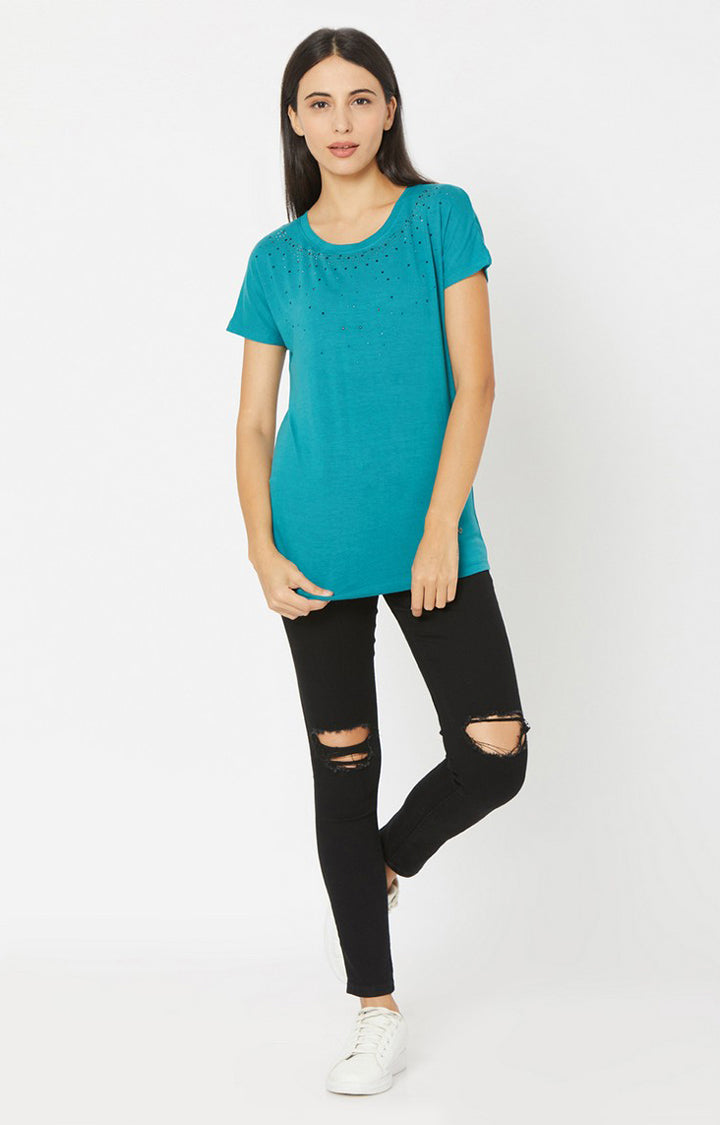 Spykar Women Deep Teal Blue Cotton T-Shirts (Regular )