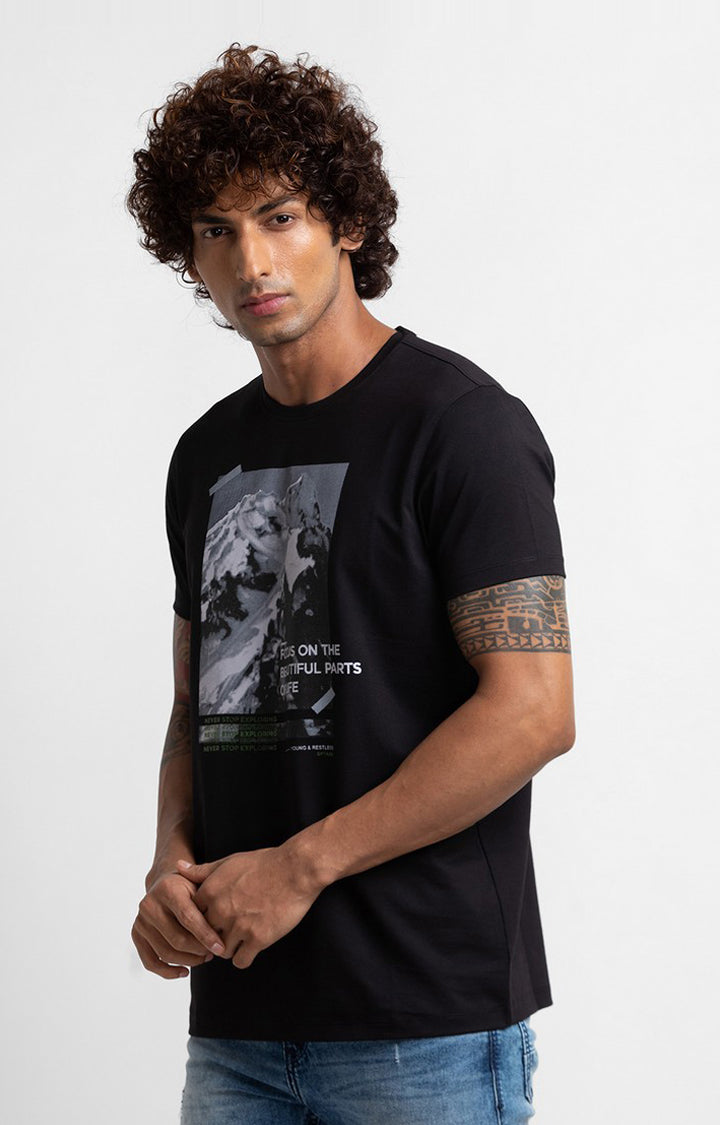 Spykar Black Cotton Half Sleeve Printed Casual T-Shirt For Men