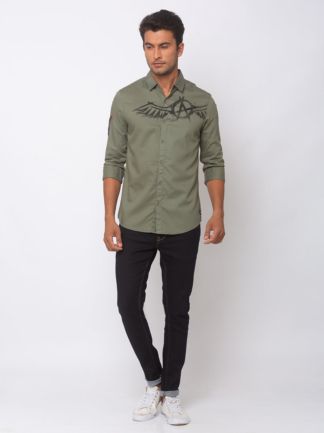 Spykar Men Olive Green Cotton Slim Fit Shirt