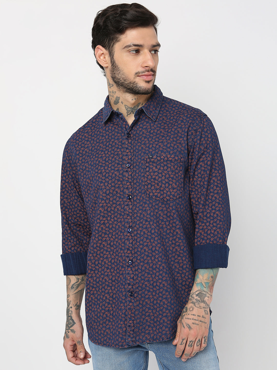 Spykar Men Indigo Blue/Rust Cotton Slim Fit Printed Shirts