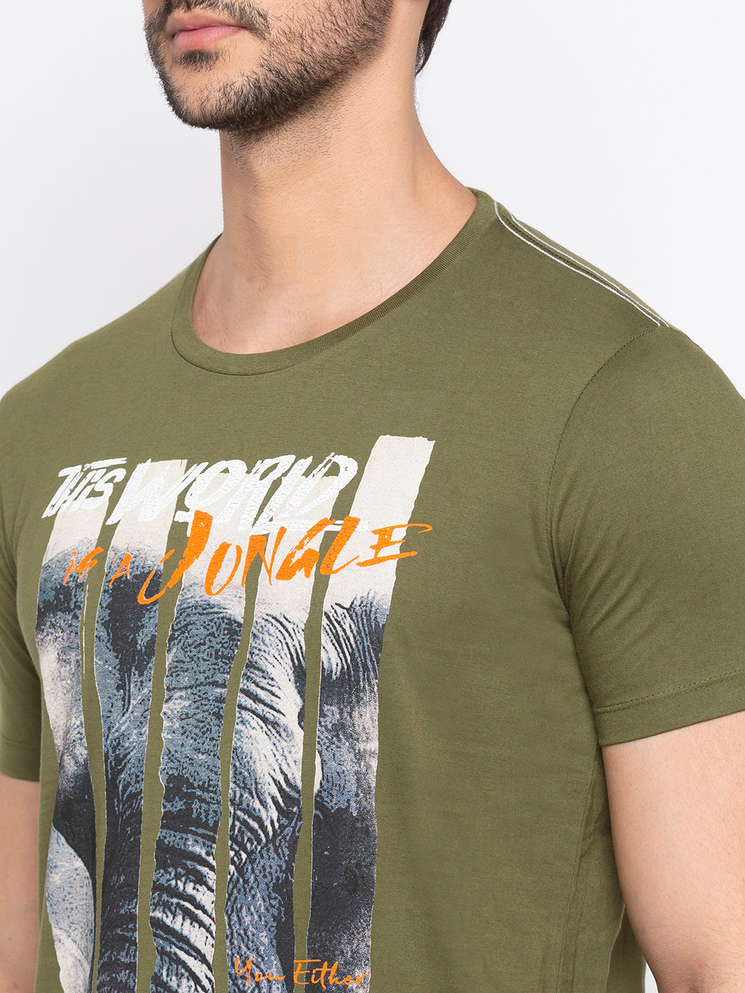 Spykar Men Green Cotton Slim Fit Round Neck T-Shirt