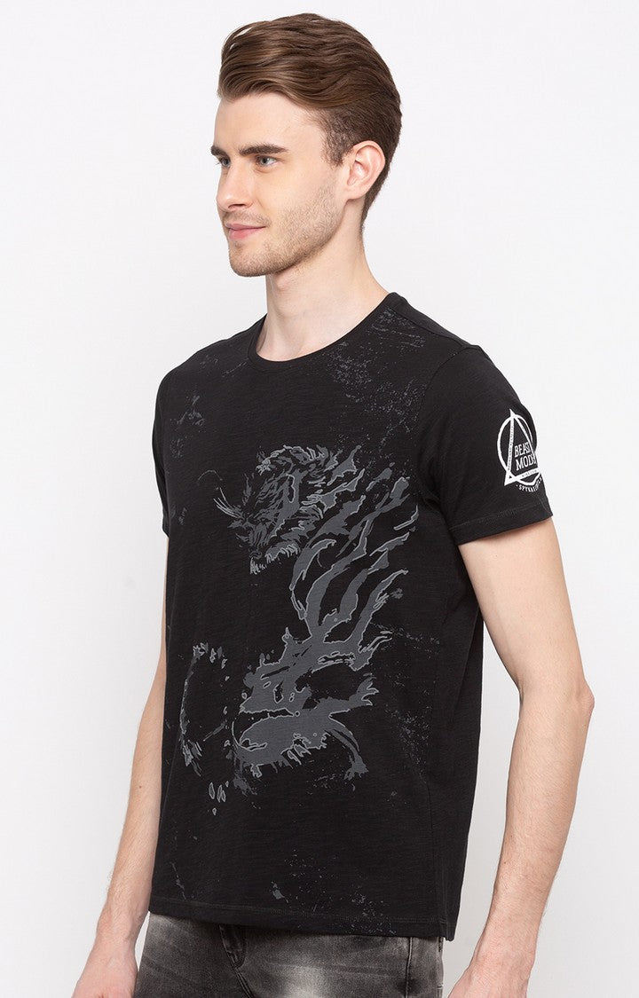 Spykar Black Printed Slim Fit Men T-Shirts