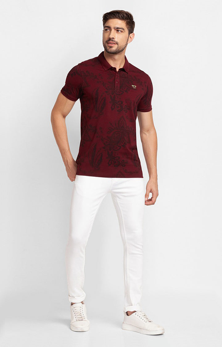 Spykar Wine Cotton Half Sleeve Printed Casual Polo T-Shirt For Men