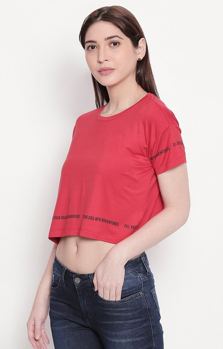 Spykar Women Red Viscose Slim Fit Round Neck Crop T-Shirt