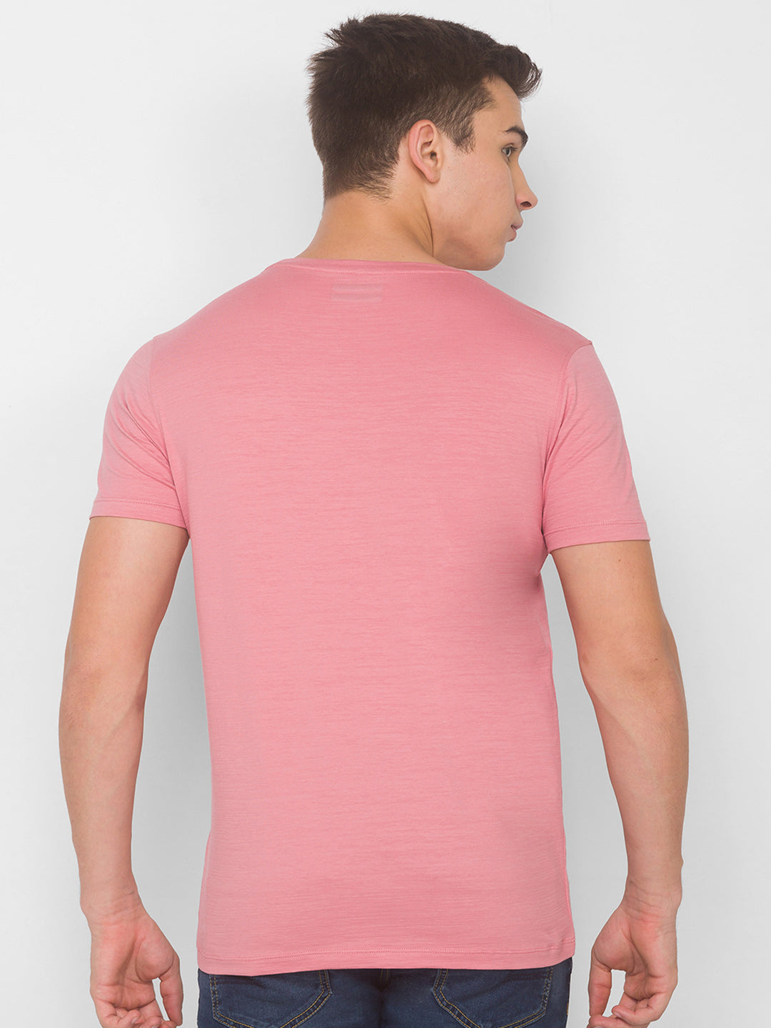 Spykar Men Pink Cotton Slim Fit Round Neck T-Shirt