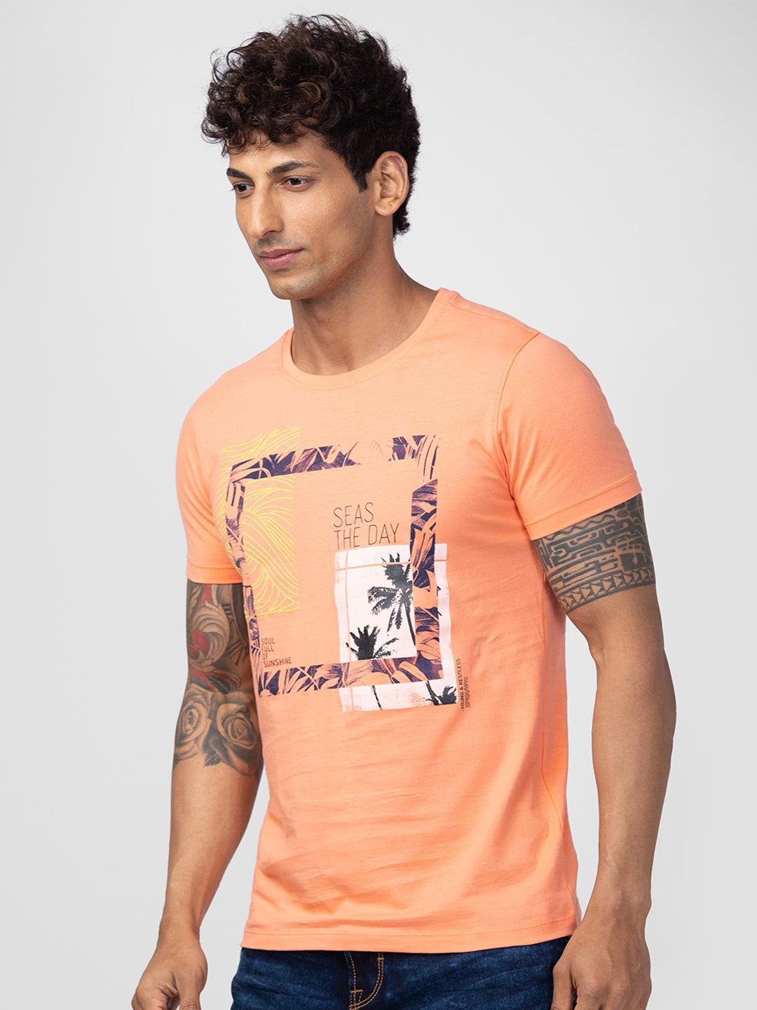 Spykar Men Peach Cotton Regular Fit Half Sleeve Printed T-Shirt