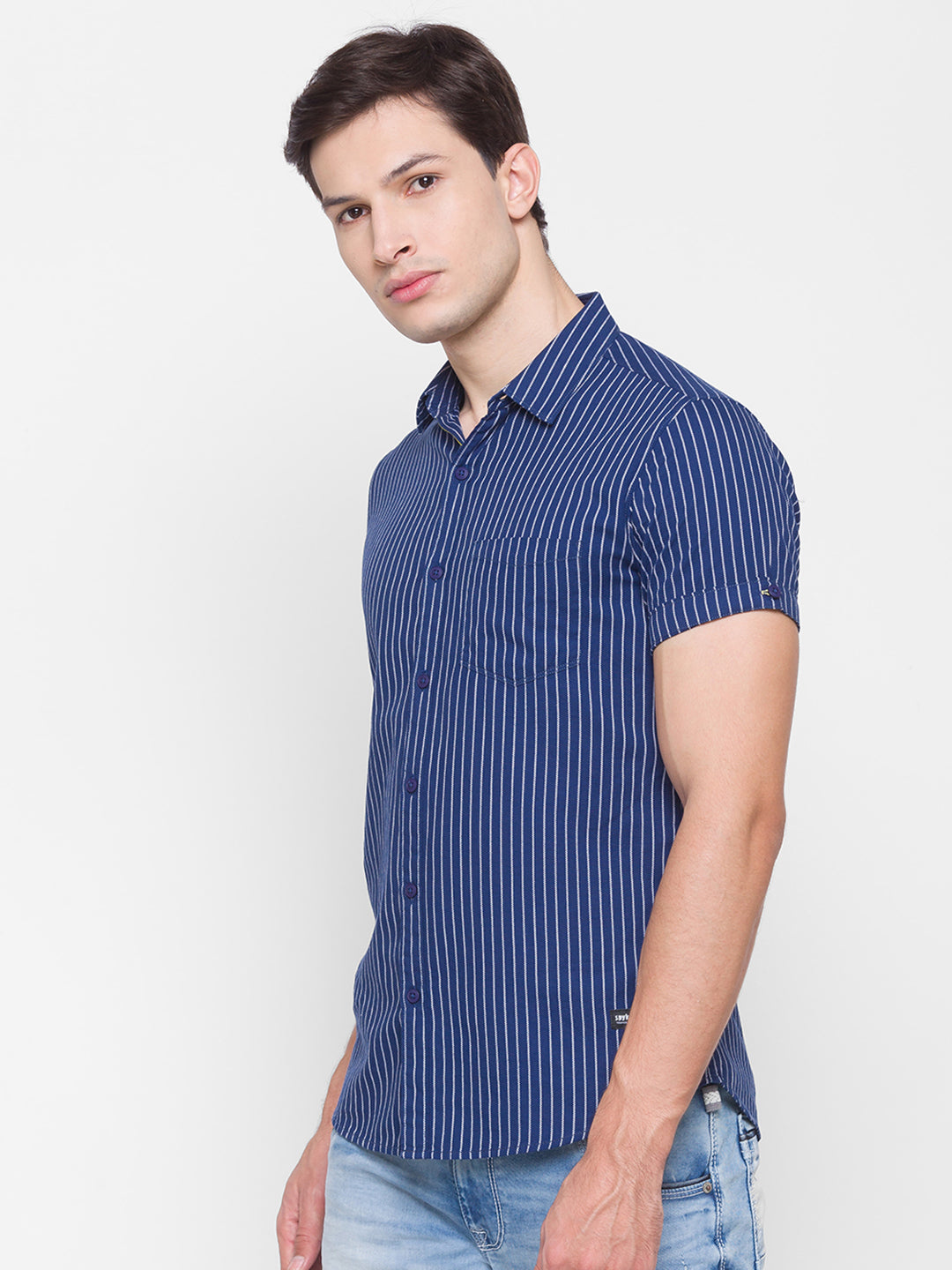 Spykar Slim Fit Blue Cotton Men Shirt