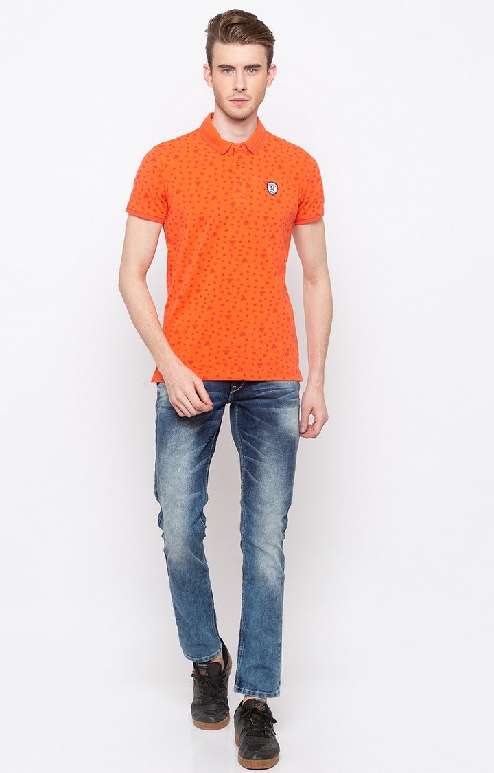 Spykar Coral Printed Slim Fit Polo T-Shirt