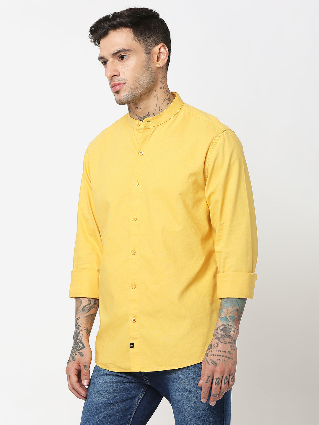 Spykar Men Chrome Yellow Cotton Slim Fit Plain Shirts