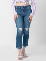 Spykar Women Mid Blue Cotton Slim Straight Fit Ankle Length Jeans (Emma)