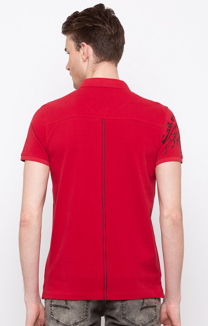 Spykar Red Solid Slim Fit Polo T-Shirt