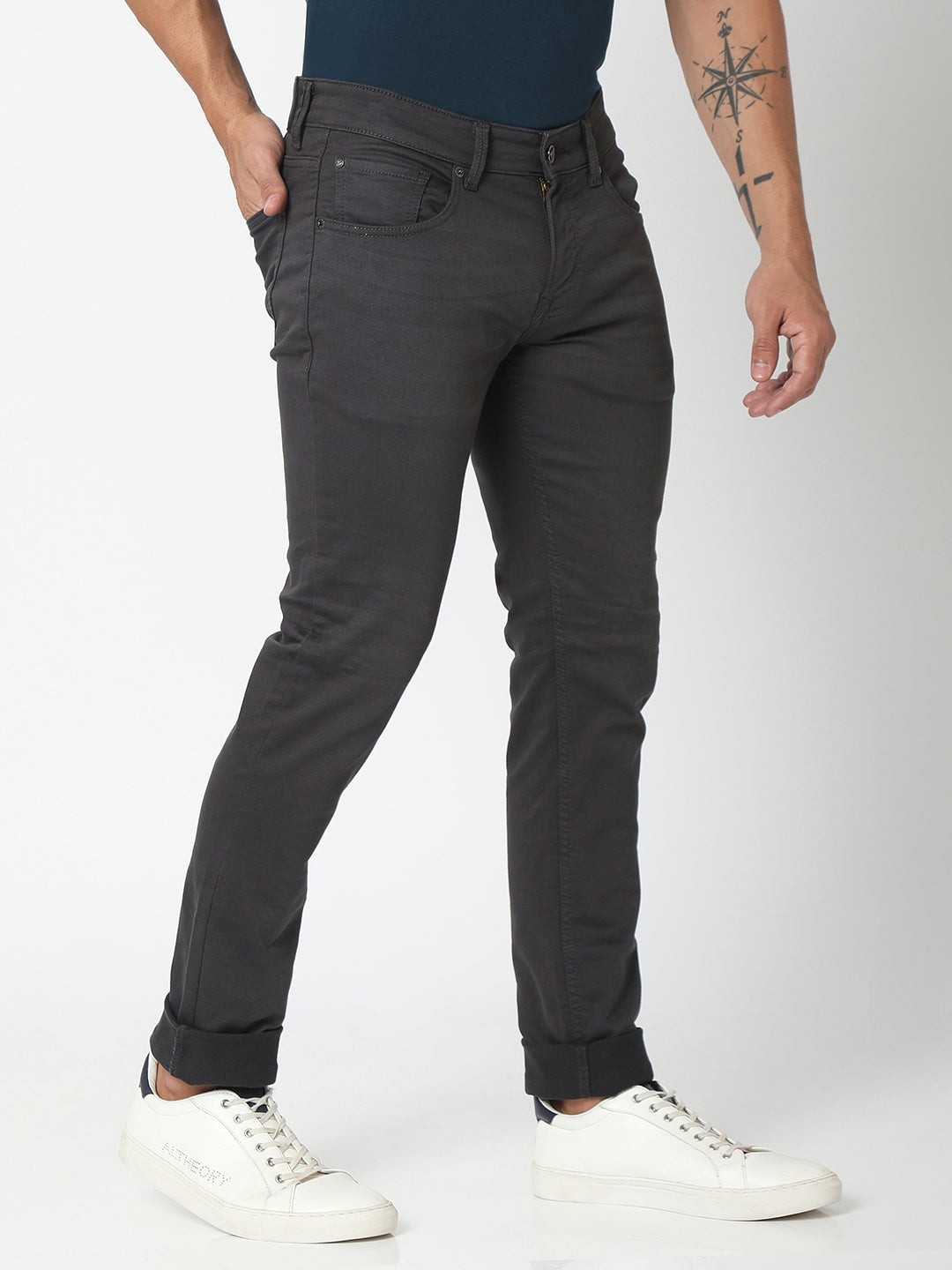Spykar Dark Grey Cotton Slim Fit Narrow Length Jeans For Men (Skinny)