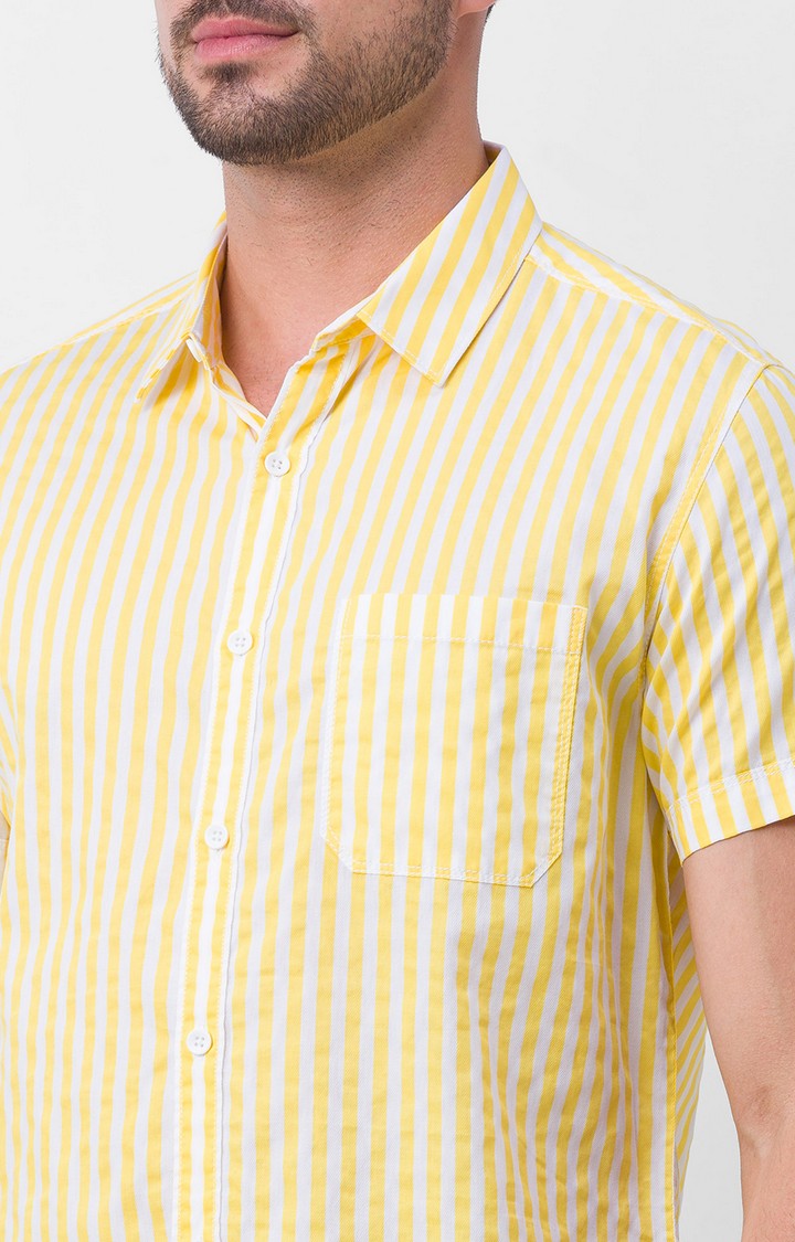 Spykar Butter Yellow Cotton Half Sleeve Stripes Shirt For Men