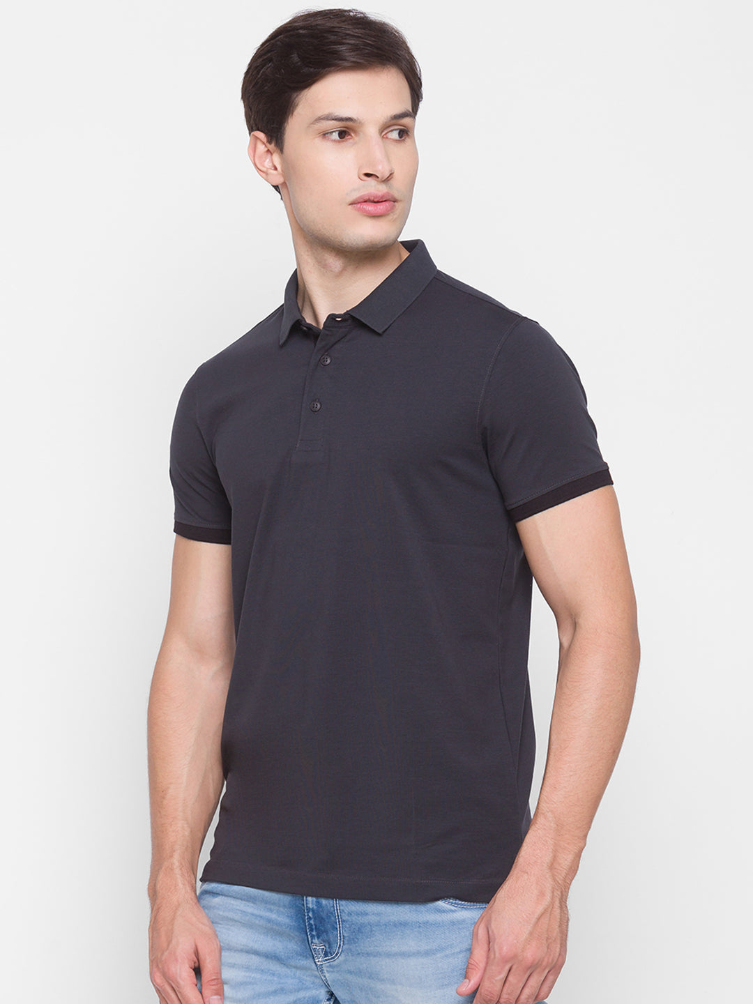 Spykar Men Grey Cotton Slim Fit Polo T-Shirt