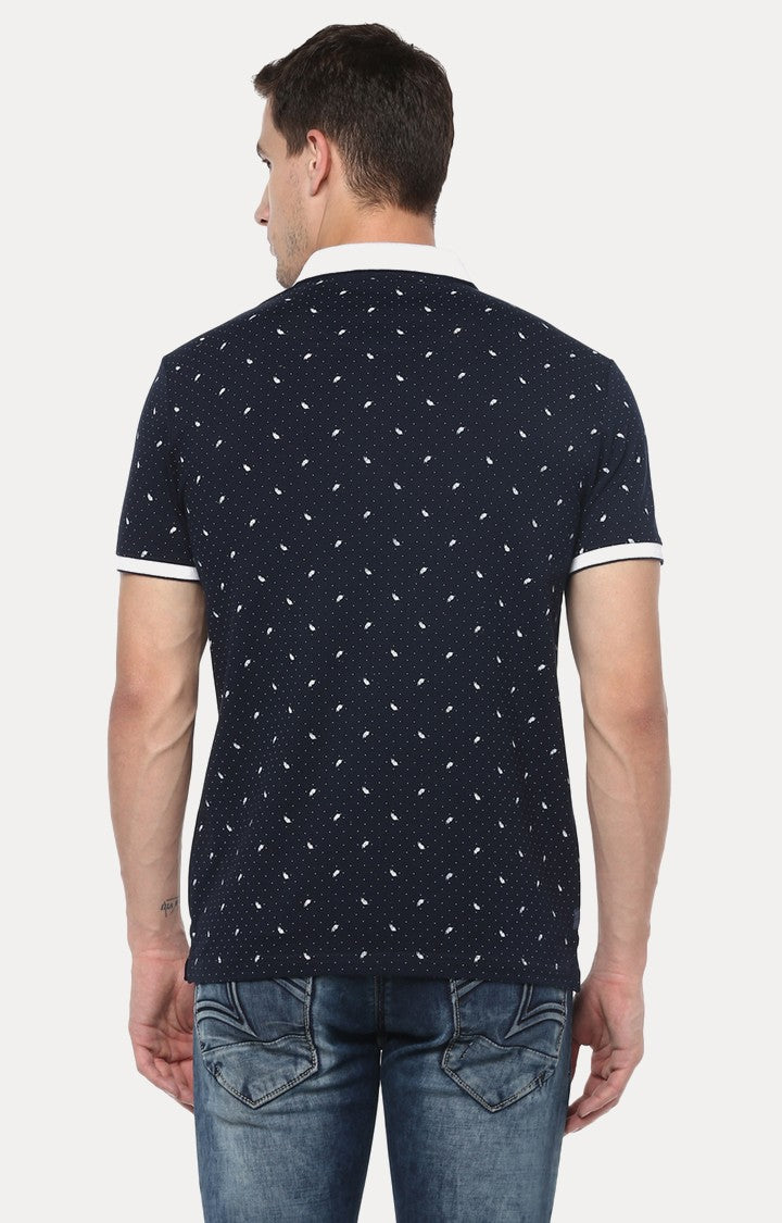 Spykar Navy Blue Printed Slim Fit Polo T-Shirt