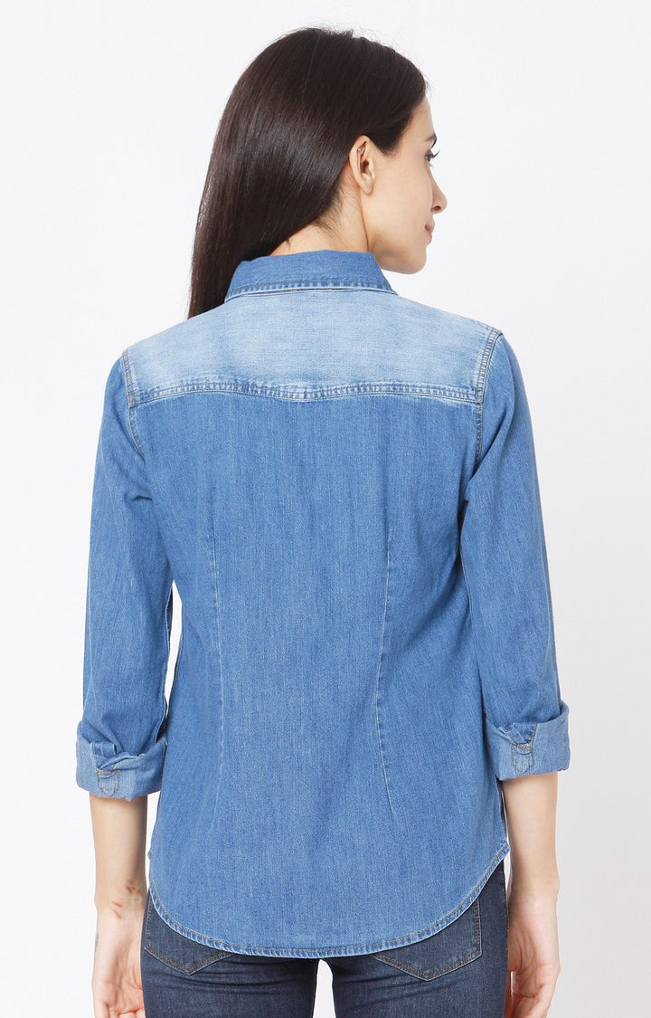 Spykar Slim Fit Denim Blue Cotton Women Shirt