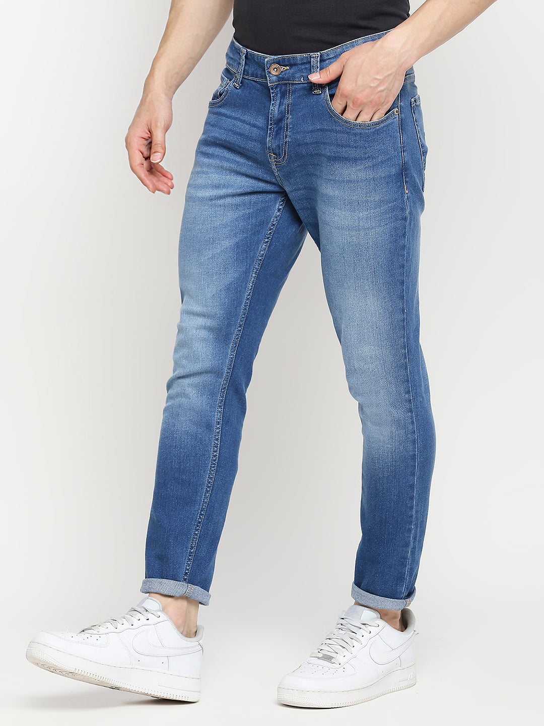 Spykar Men Mid Blue Cotton Slim Fit Tapered Length Jeans (Kano)