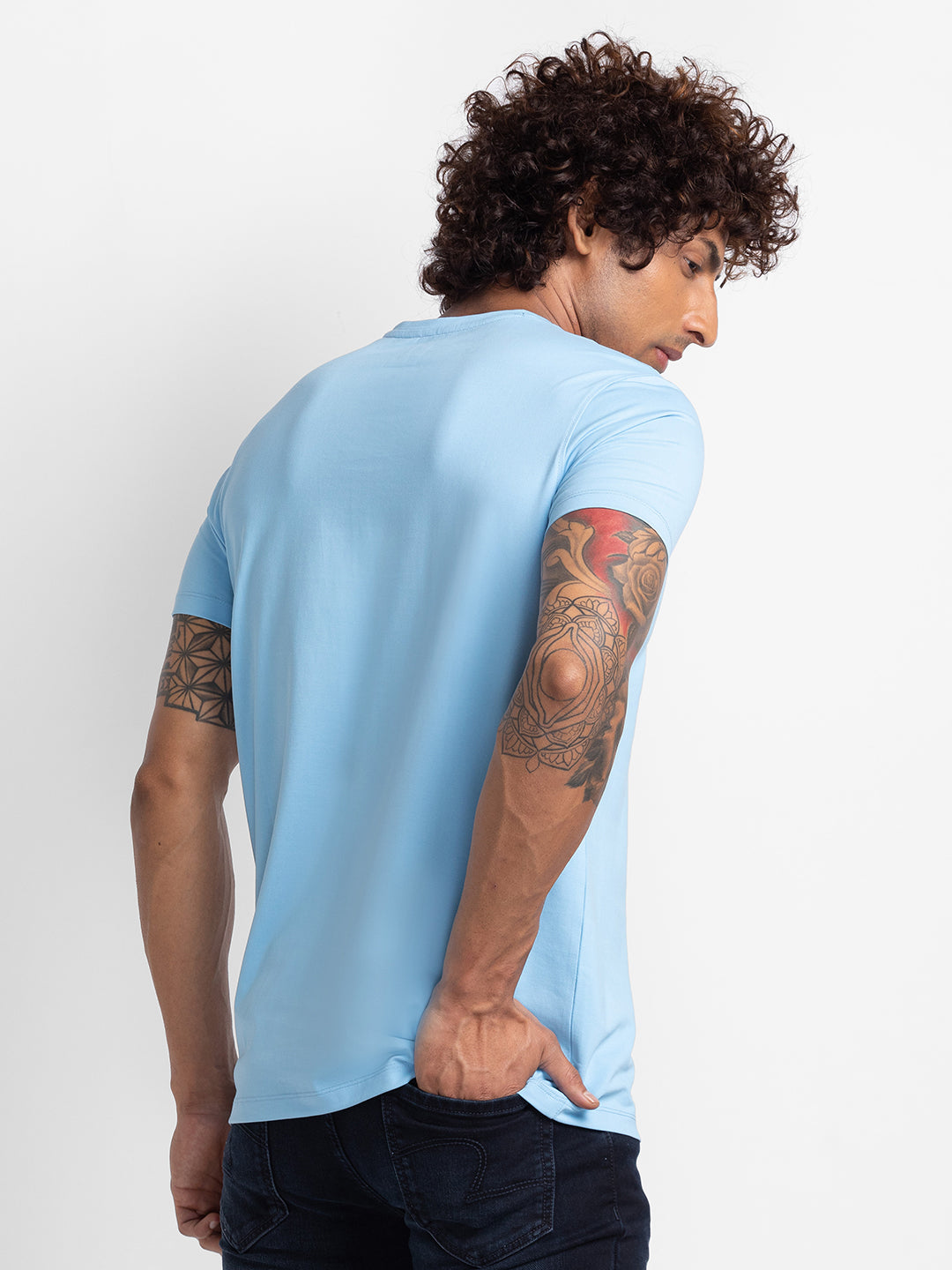 Spykar Powder Blue Cotton Half Sleeve Printed Casual T-Shirt For Men